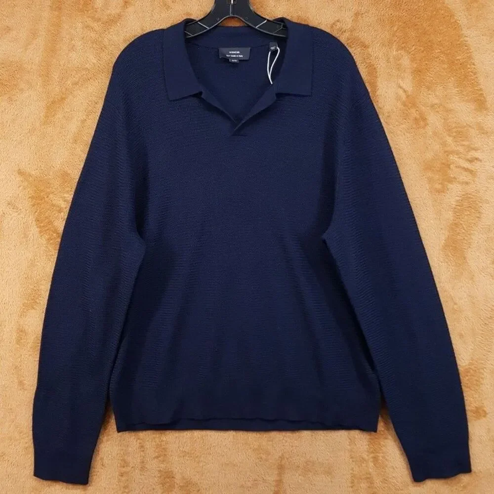 VINCE Sweater Mens XXL Navy Pullover V-Neck Polo Collar Merino Wool Knit $365